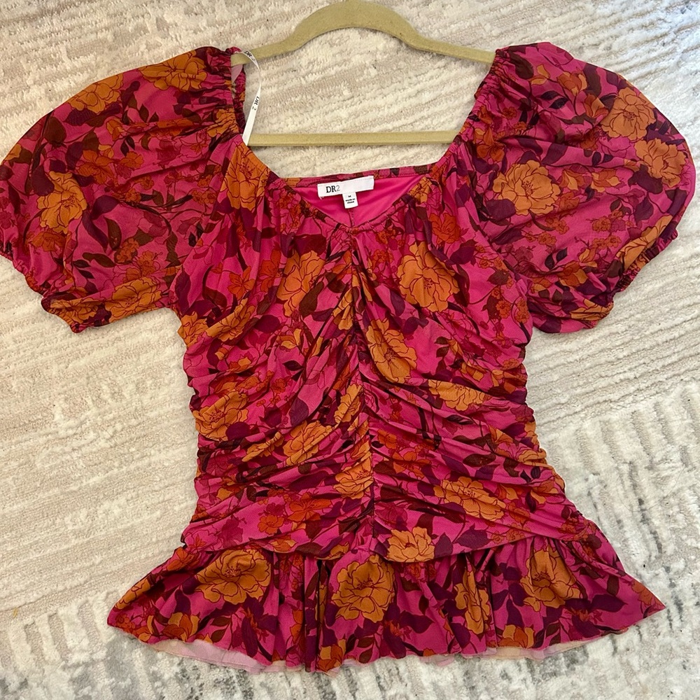 DR2 Pink and Orange Floral Puff Sleeve Blouse